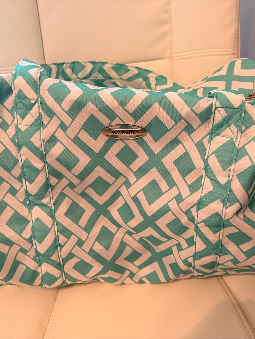 Waverly Teal & White Geometric Pattern Tote